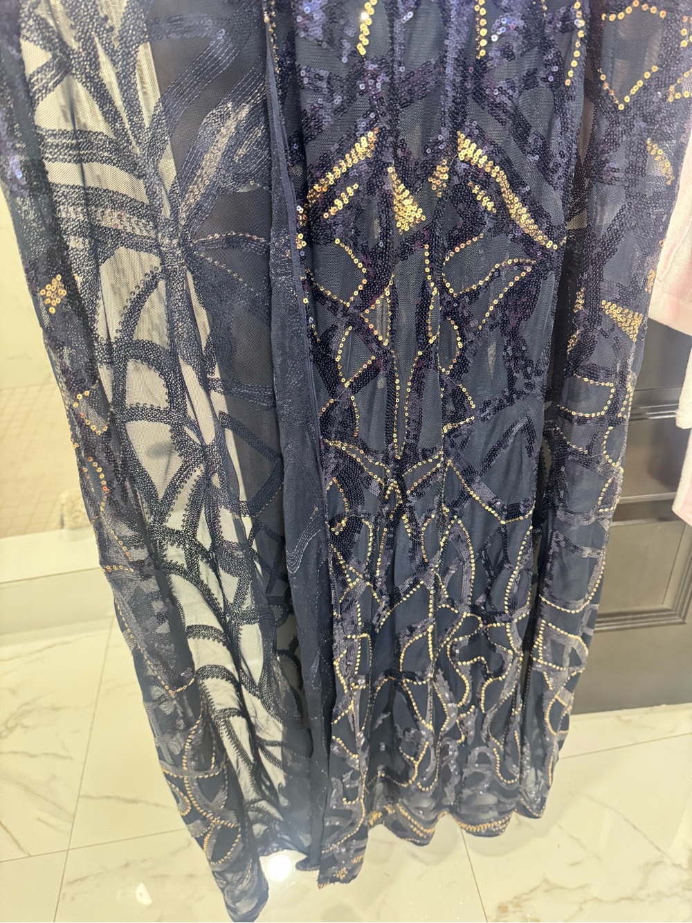 Navy Sequin Maxi Dress - Elegant Long-Sleeve Evening Gown - Picture 6 of 6